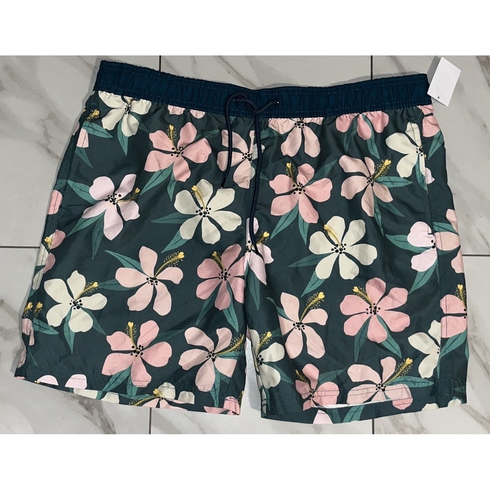 NWT Mad Engine Floral Swim Trunks Men's Large Pink Green Tropical Board Shorts